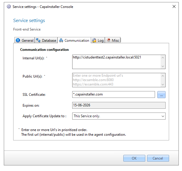 Service settings dialog for a Front-end service, Communication tab, with an internal URL that includes the port, an empty Public Url(s) box, and the SSL Certificate field