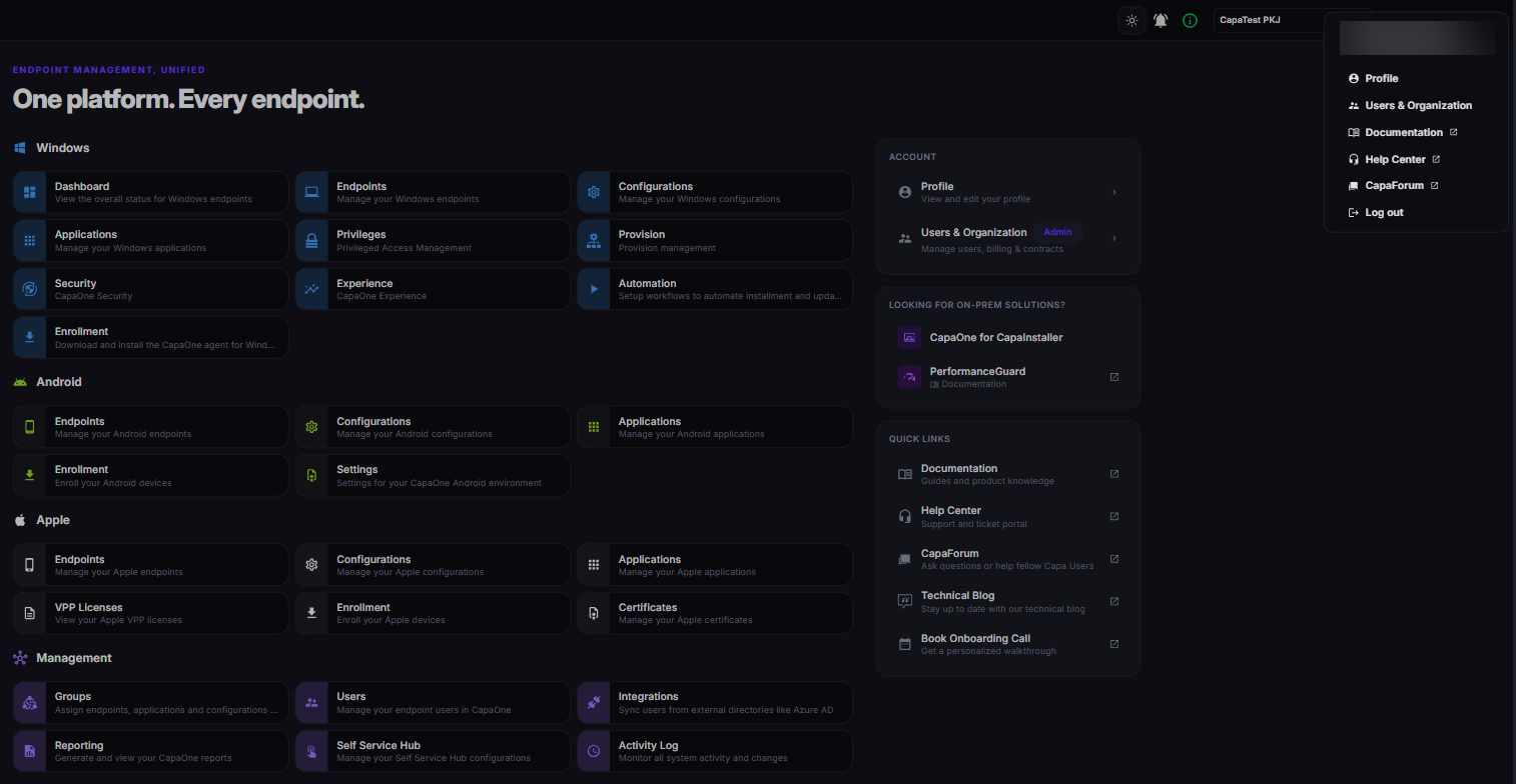 CapaOne home page with the Account, On-Prem Solutions and Quick Links panels on the right and the user menu open with Profile, Users & Organization, Documentation, Help Center, CapaForum and Log out