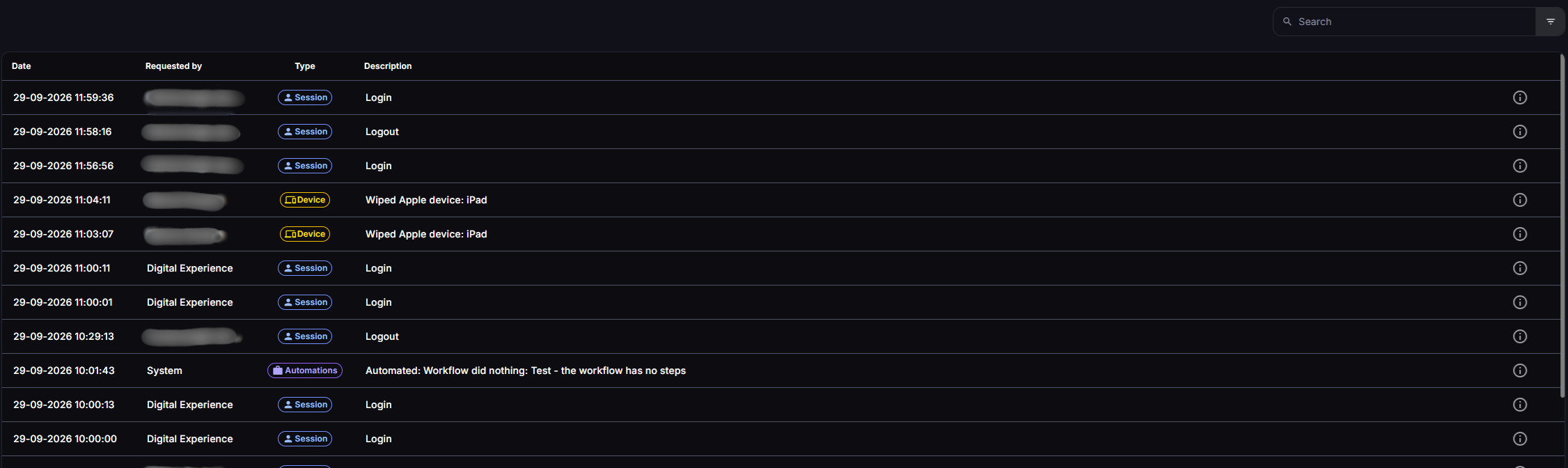 Activity Log list with a search box and filter button, and entries of the Session, Device, and Automations types, each with its date, requesting user, type, and description