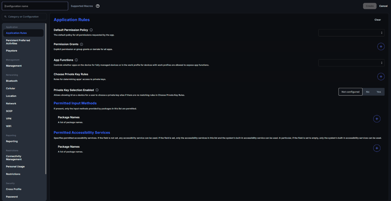 New Android configuration editor with the section list (Application, Management, Networking, Reporting, Restrictions, Security) and Application Rules open
