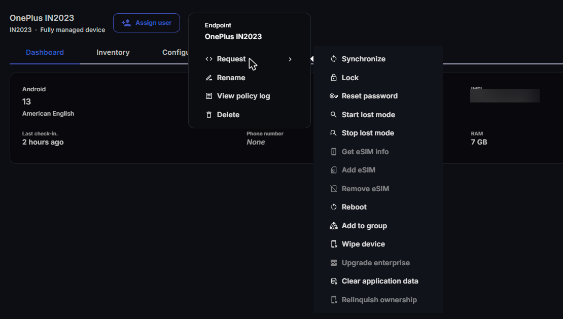 Android device actions menu with the Request submenu listing Synchronize, Lock, Reset password, lost mode, eSIM, Reboot, Add to group, Wipe device and more