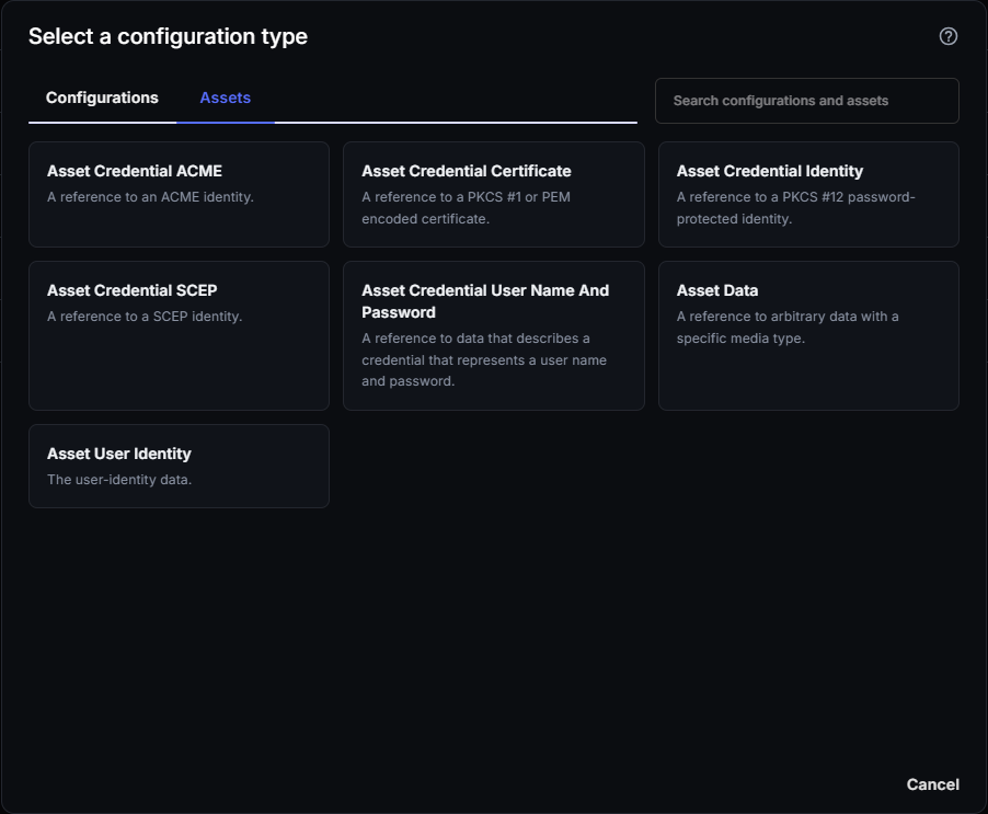 Select a configuration type dialog showing the Assets tab with the seven DDM asset types