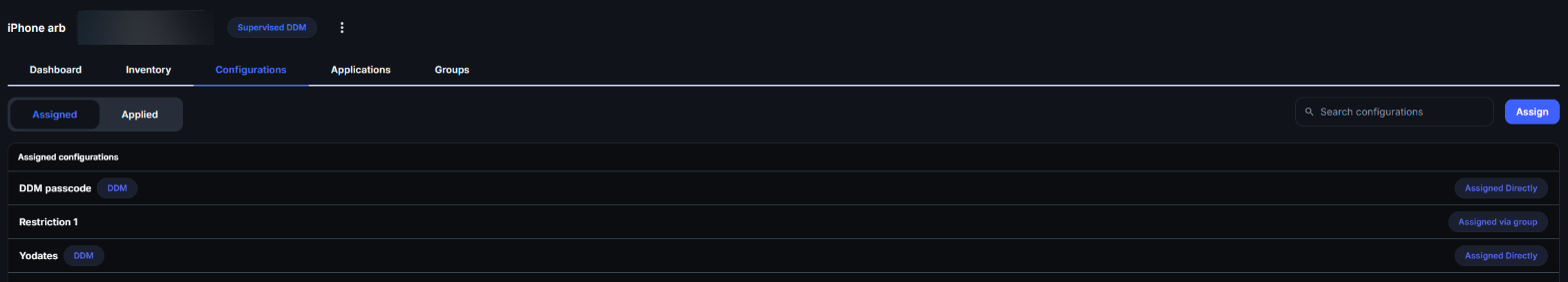 Apple device Configurations tab with DDM-labelled configurations