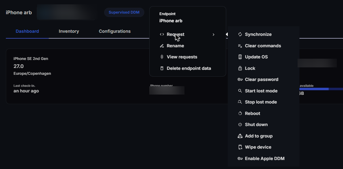 Apple device actions menu with the Request submenu listing Synchronize, Clear commands, Update OS, Lock and more