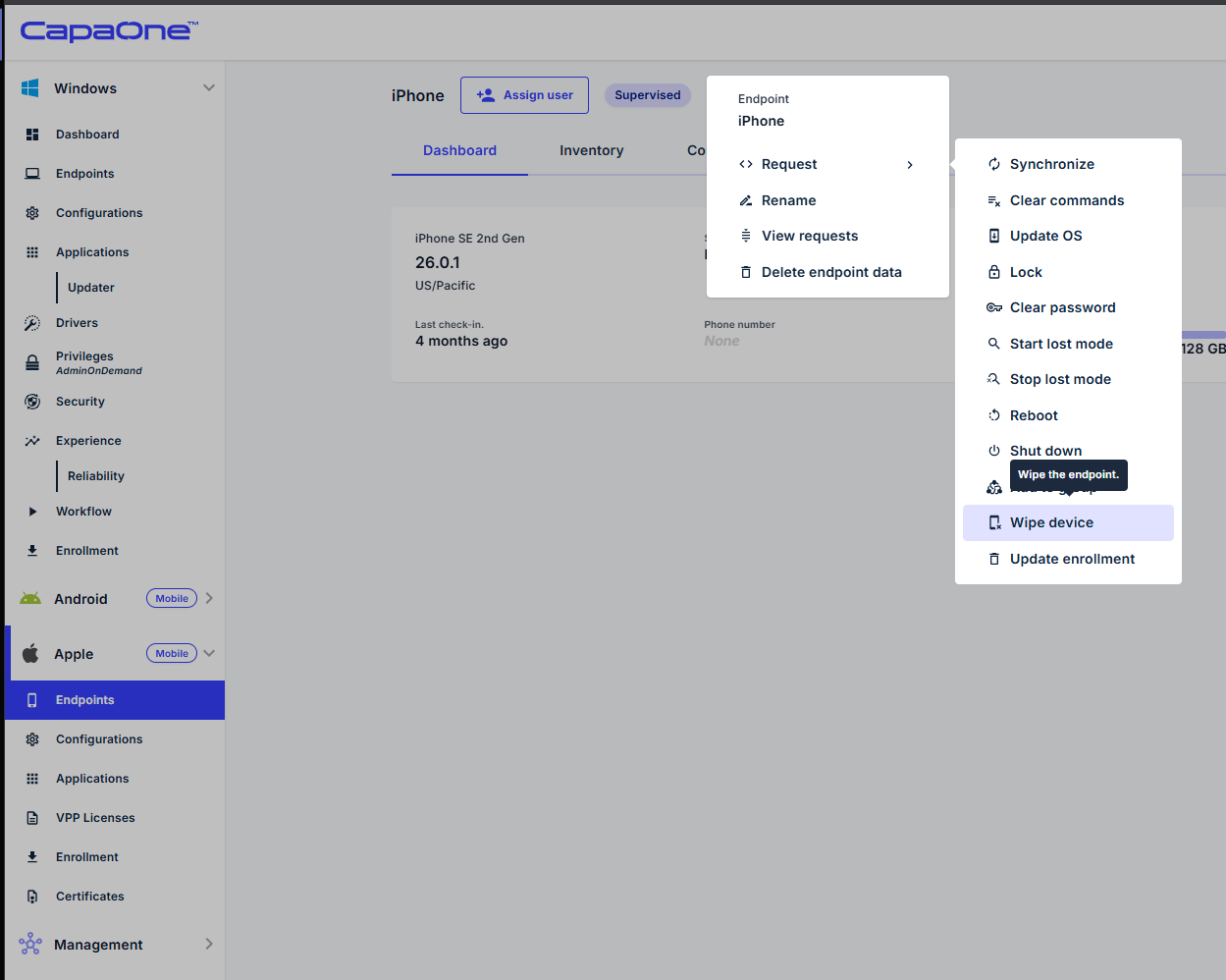 Device action menu with Wipe option in CapaOne