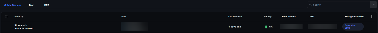 Apple Mobile Devices list with a supervised iPhone and its management mode badge
