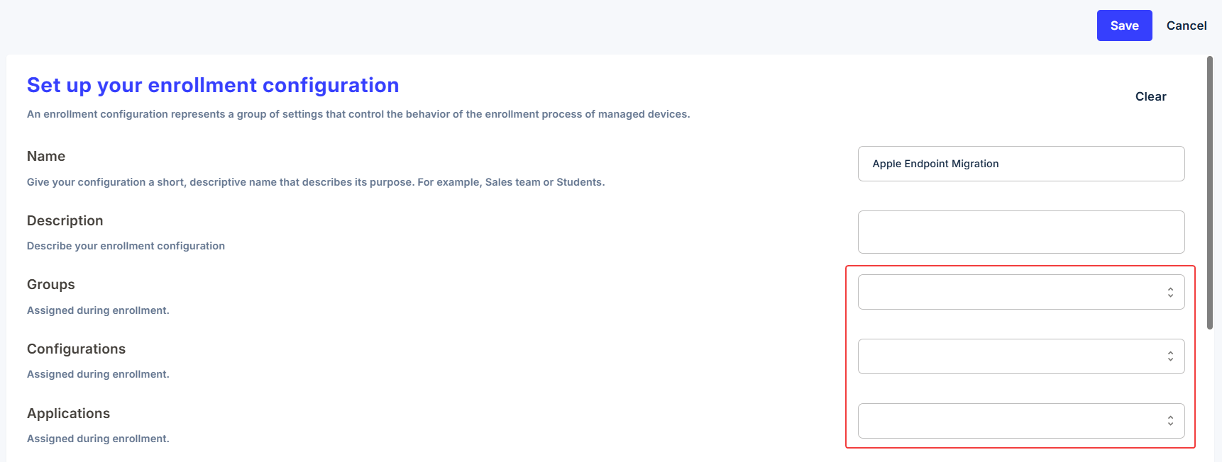 Enrollment configuration with groups assigned