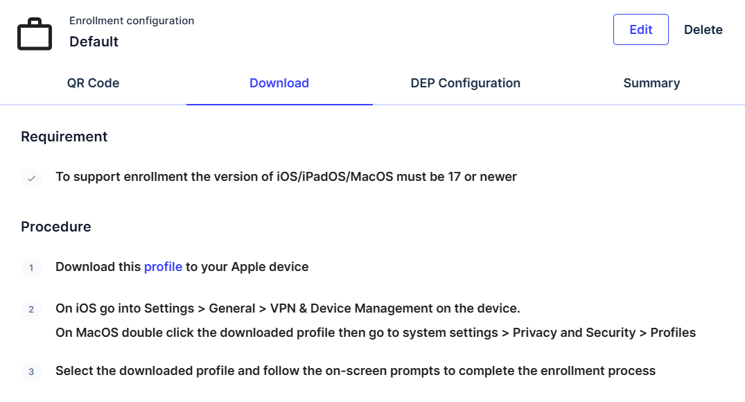 Apple enrollment methods — QR code, Download, and DEP tabs