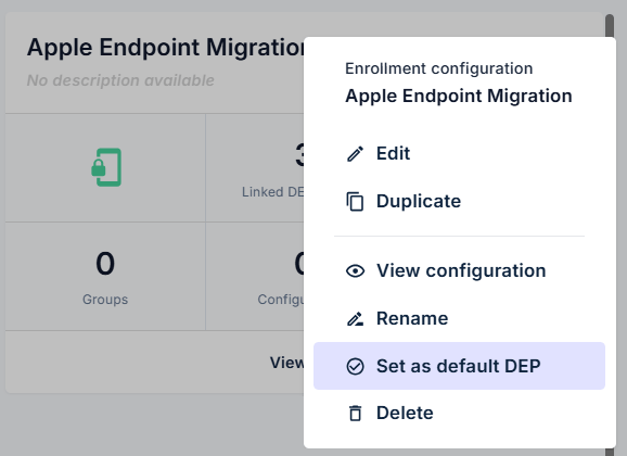Action menu showing Set as default DEP option on enrollment profile