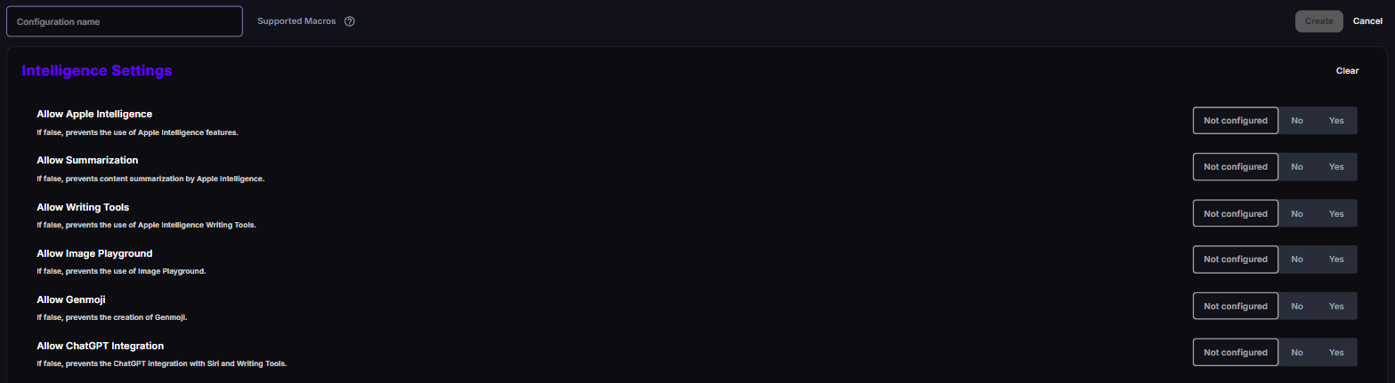 New DDM Intelligence Settings configuration with Allow Apple Intelligence, Summarization, Writing Tools, Image Playground, Genmoji and ChatGPT Integration