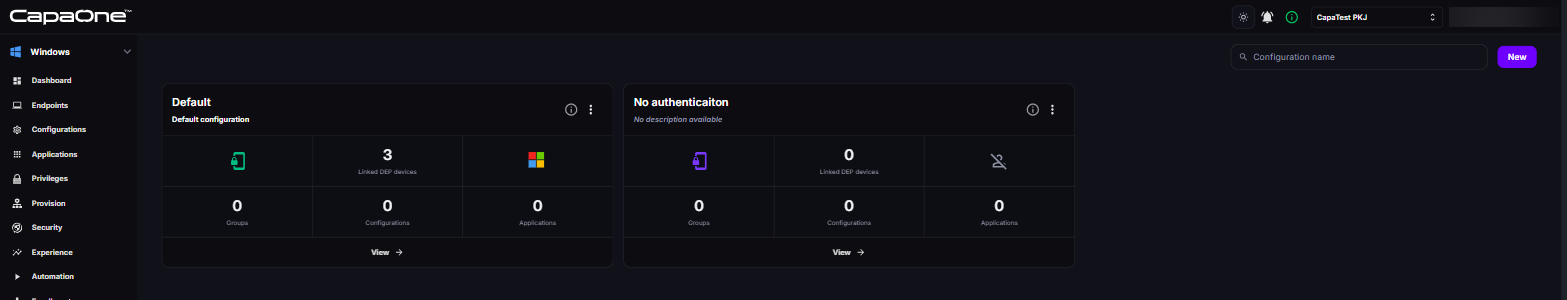 Apple Enrollment configuration cards with the New button in CapaOne