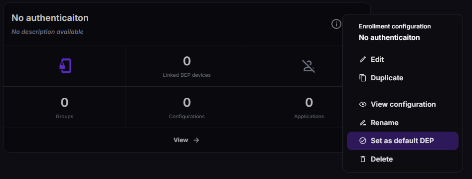 Action menu showing Set as default DEP option on an enrollment configuration