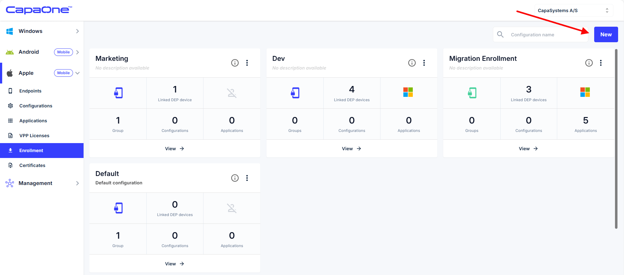 New enrollment configuration button in CapaOne