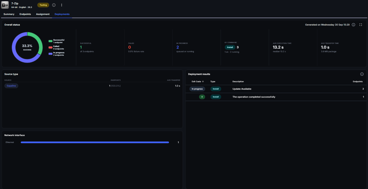 Deployments tab for 7-Zip showing overall status, source type, network interface and deployment results grouped by exit code