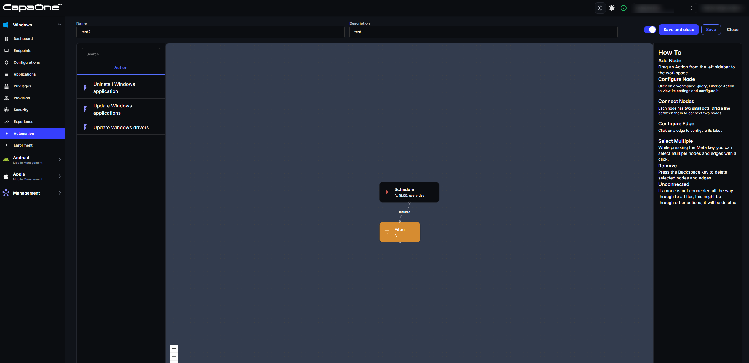 Workflow flow board with a Schedule block set to At 18, every day, connected to a Filter block set to All