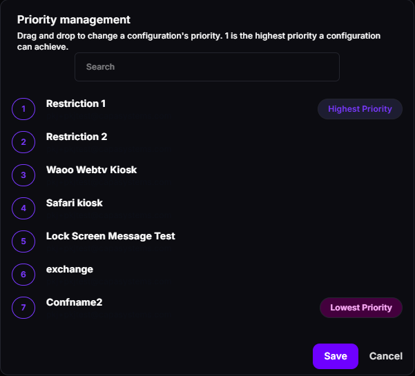 Priority management dialog listing configurations from highest to lowest priority