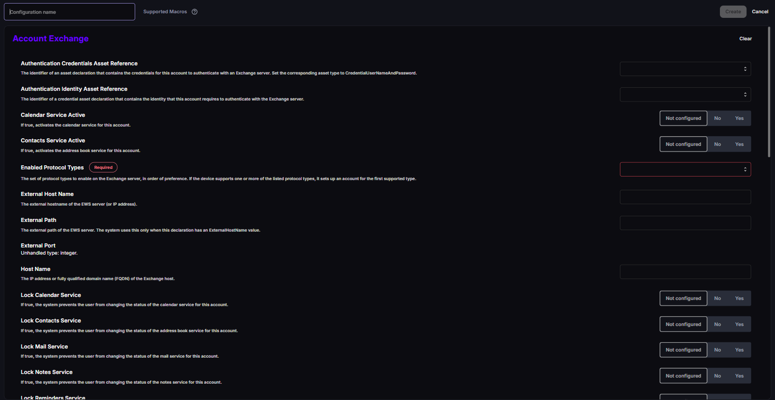 New DDM Account Exchange configuration with asset references, service switches, Enabled Protocol Types and Host Name