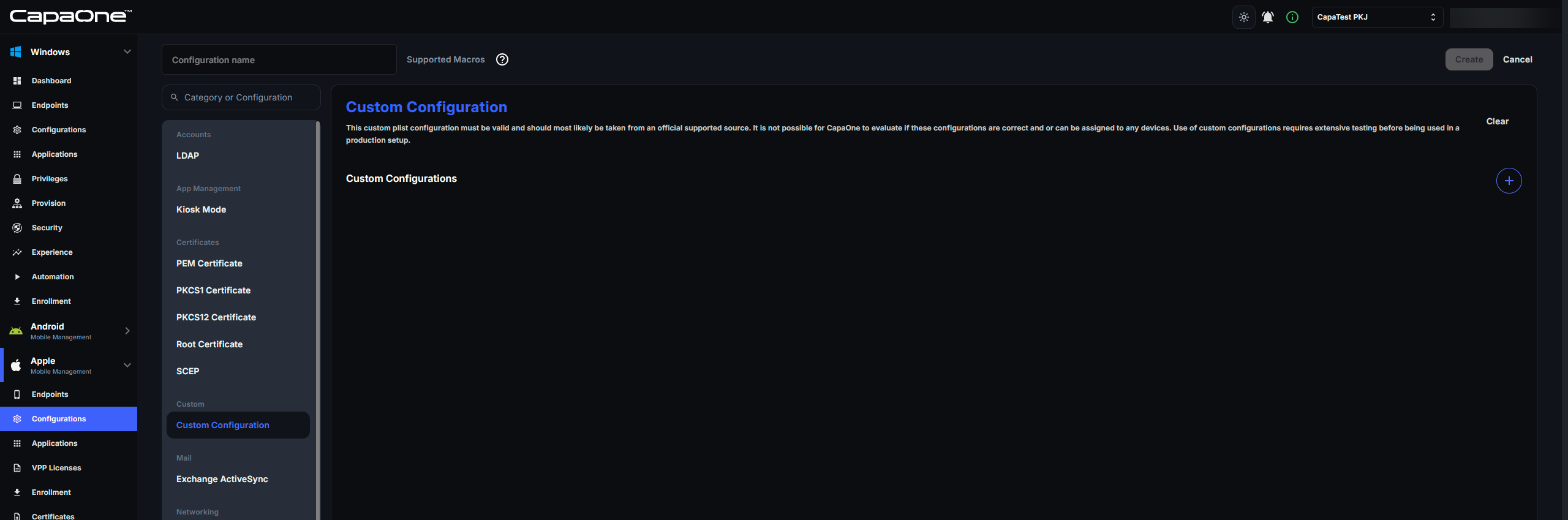 New Legacy Apple configuration with Custom Configuration selected and the Custom Configurations section
