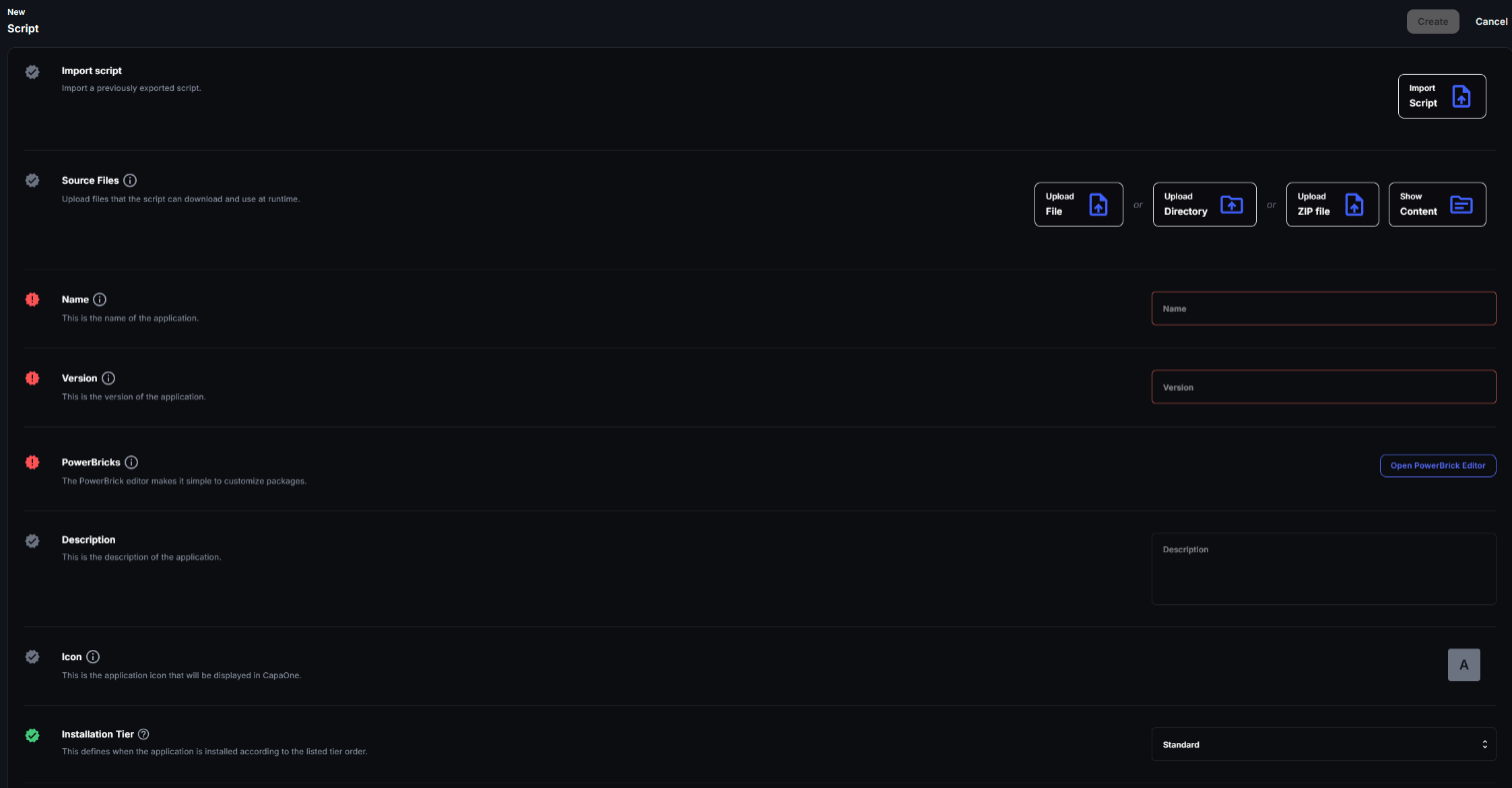 New Script form with Import script, Source Files, Name, Version, PowerBricks, Description, Icon and Installation Tier