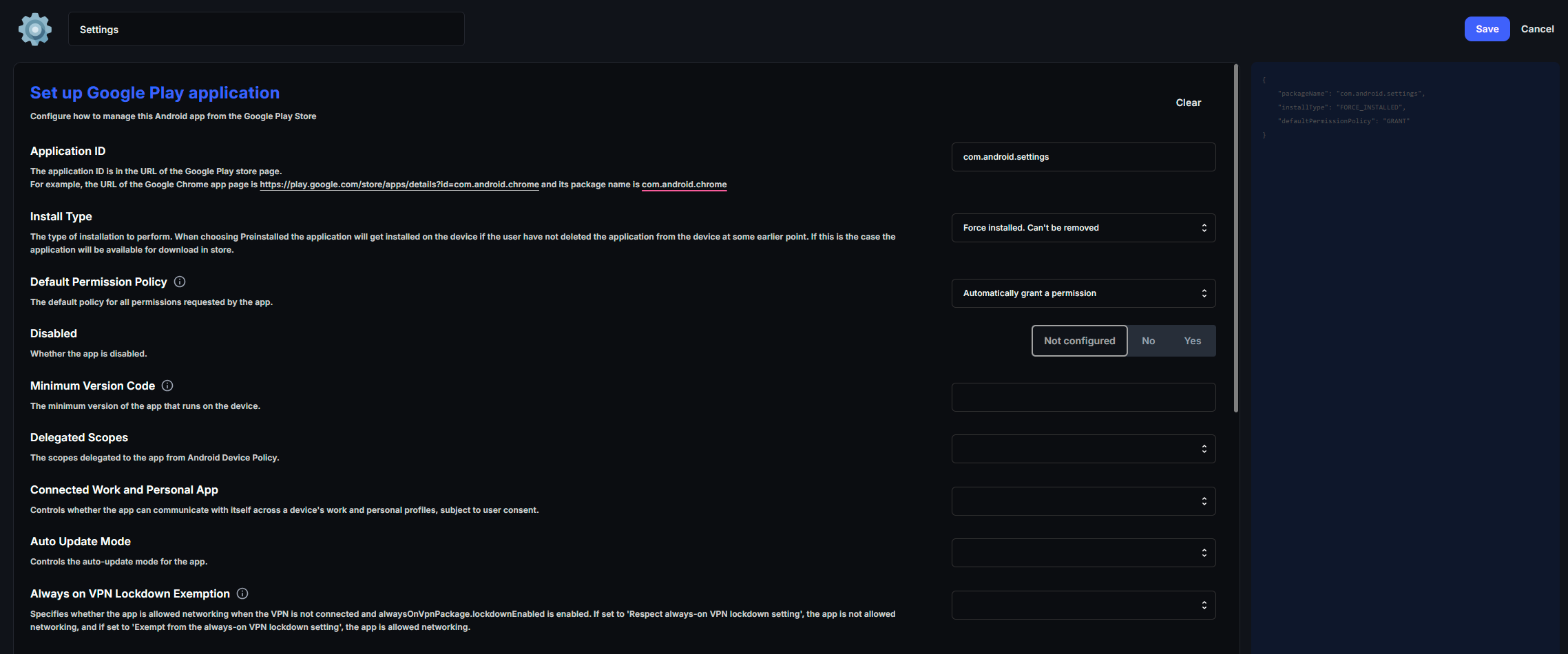 Google Play app configured with the Settings application ID com.android.settings
