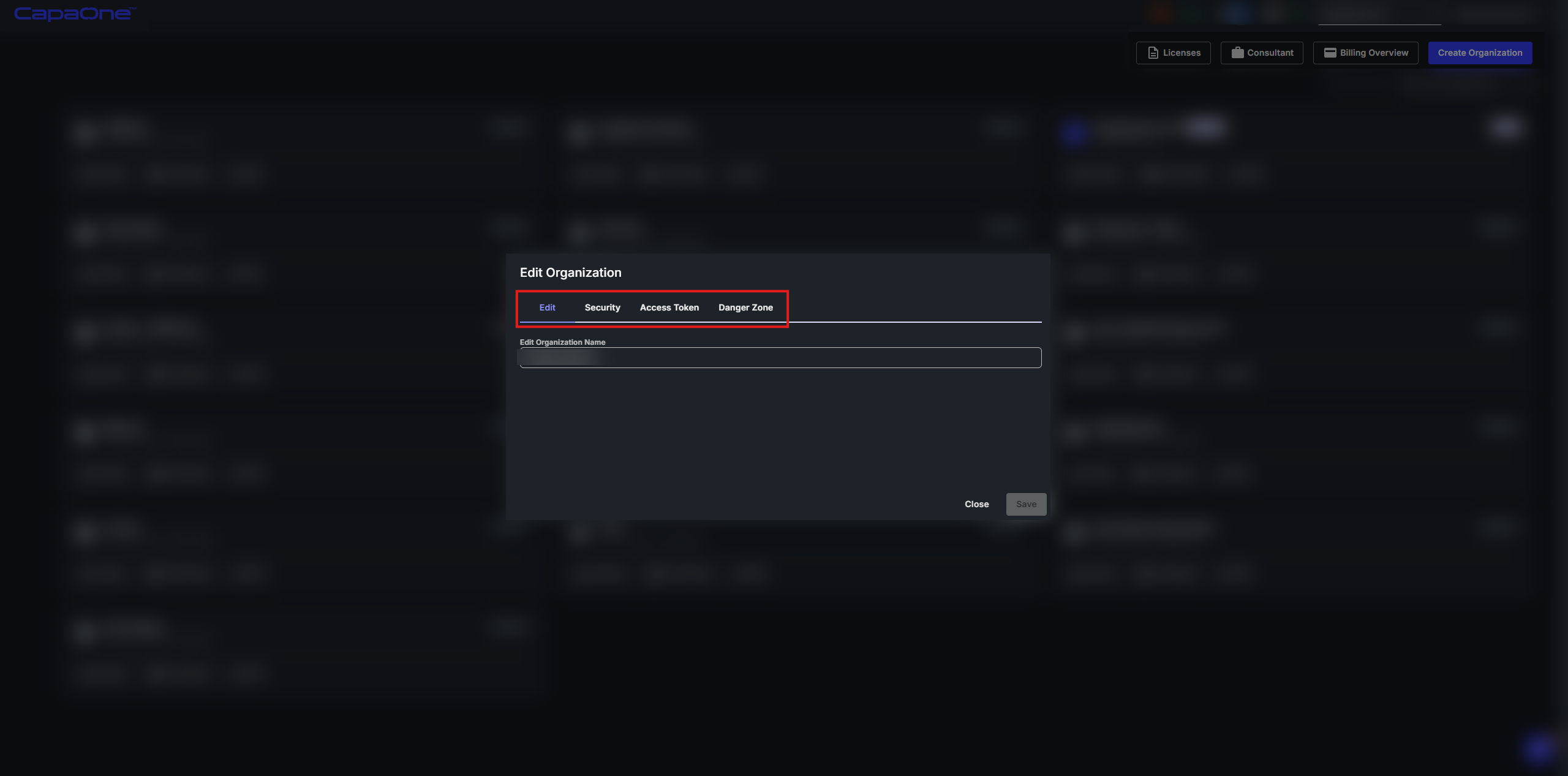 Edit Organization dialog showing the Edit, Security, Access Token, and Danger Zone tabs