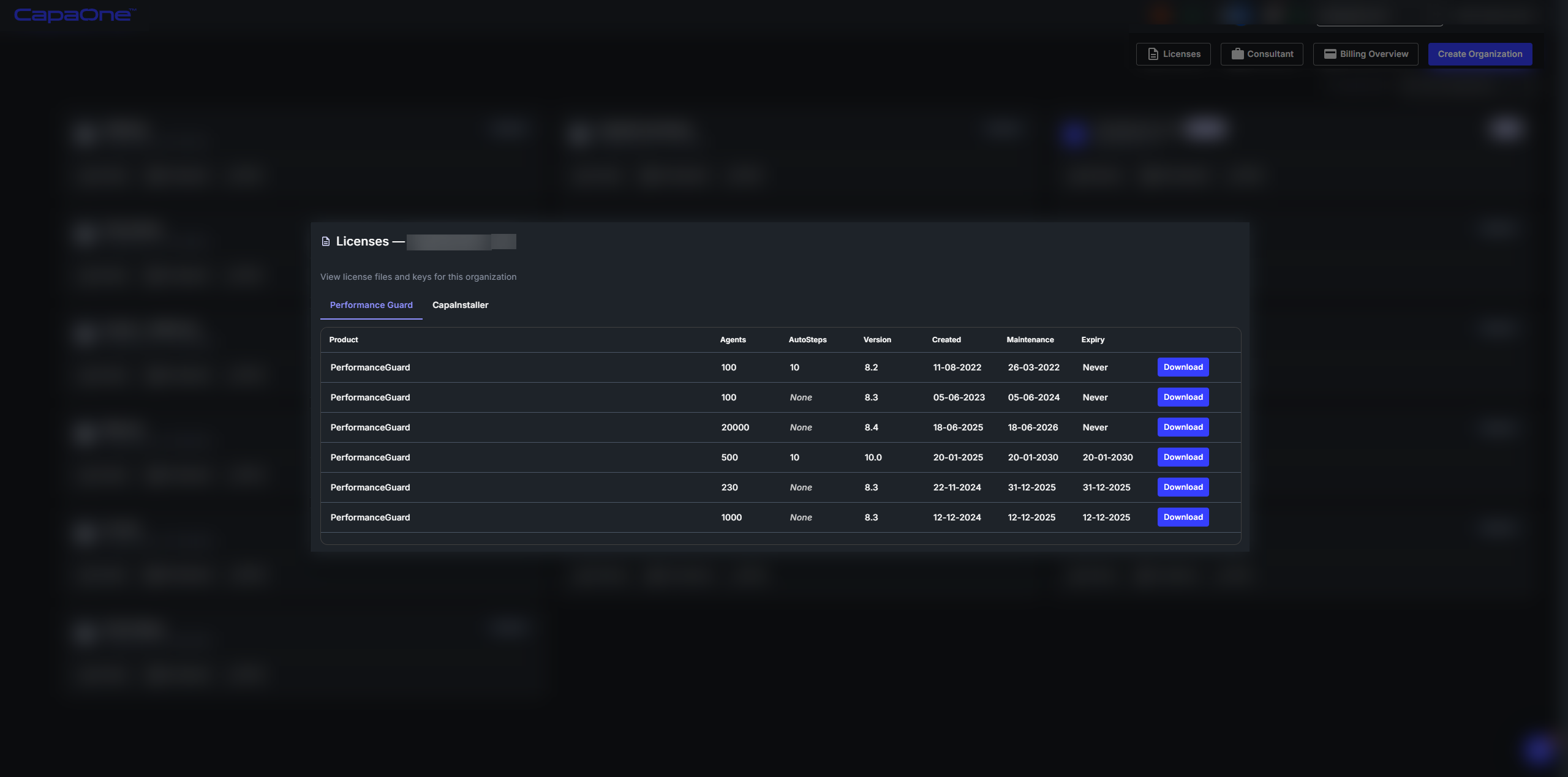 Licenses panel with PerformanceGuard and CapaInstaller tabs