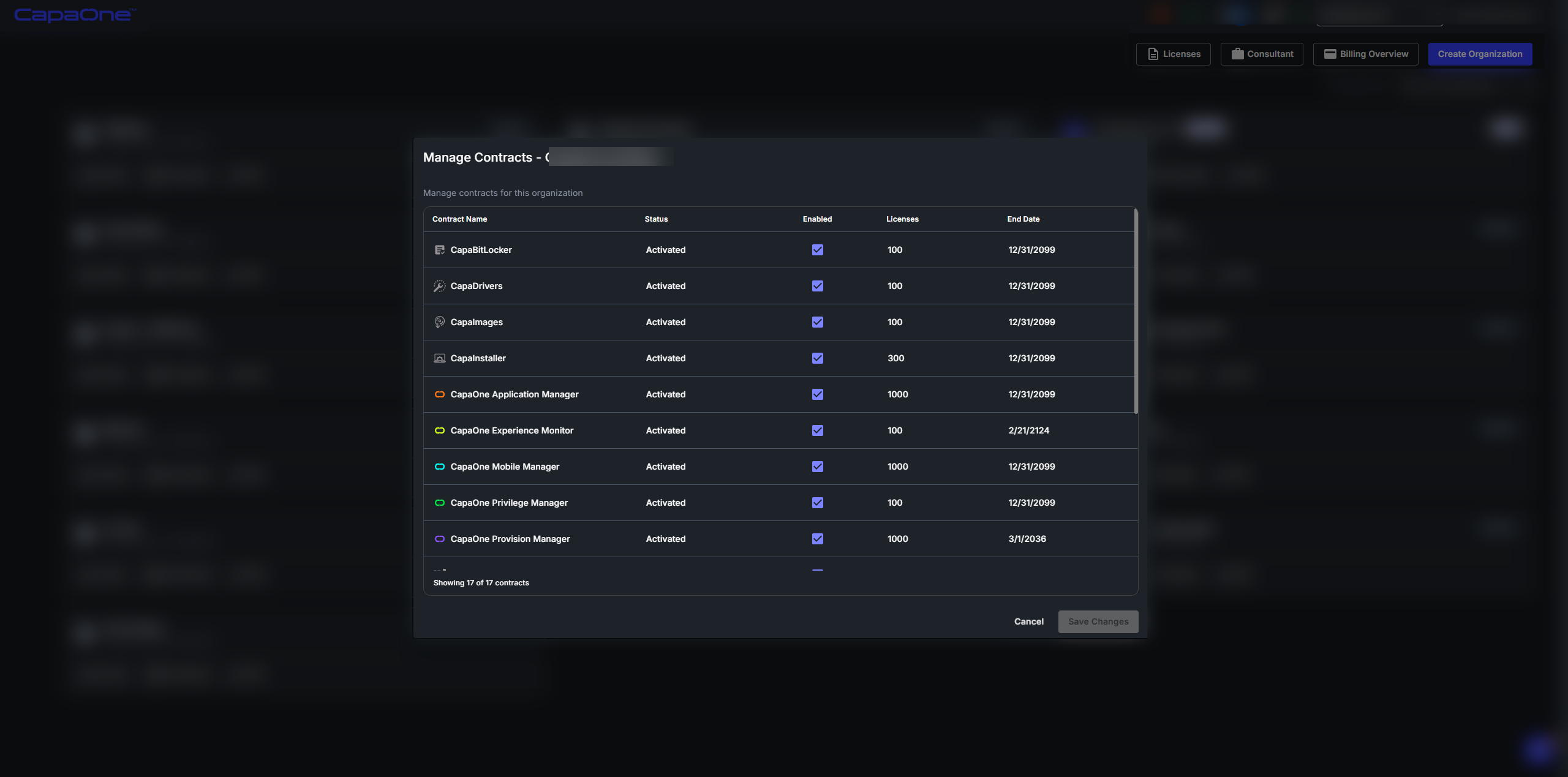 Contracts panel listing all activated CapaOne module contracts with license count and expiry dates