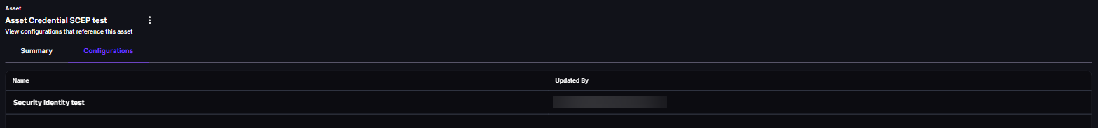 DDM asset page with the Configurations tab listing a Security Identity configuration that references the asset