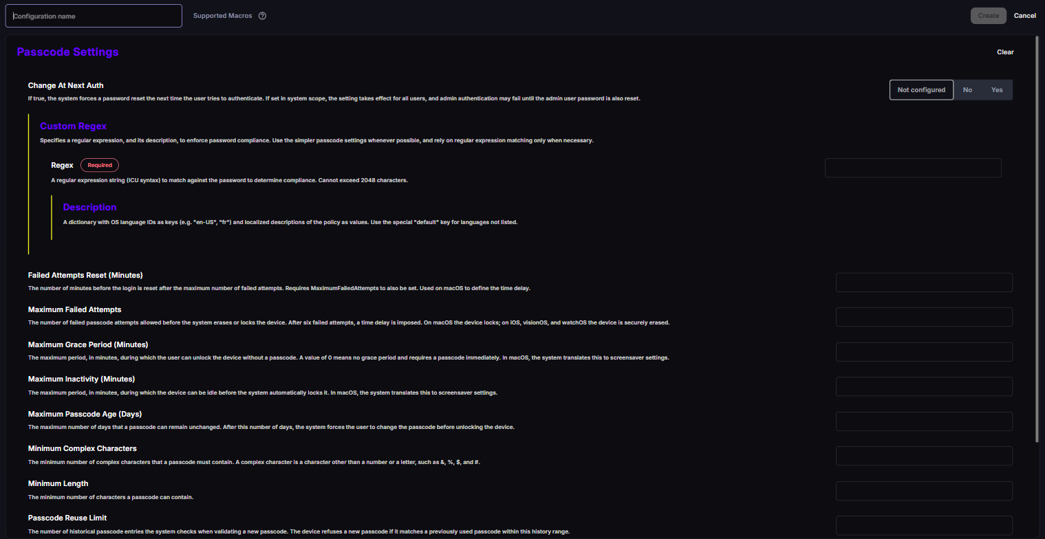 New DDM Passcode Settings configuration with Change At Next Auth, Custom Regex and the numeric passcode settings