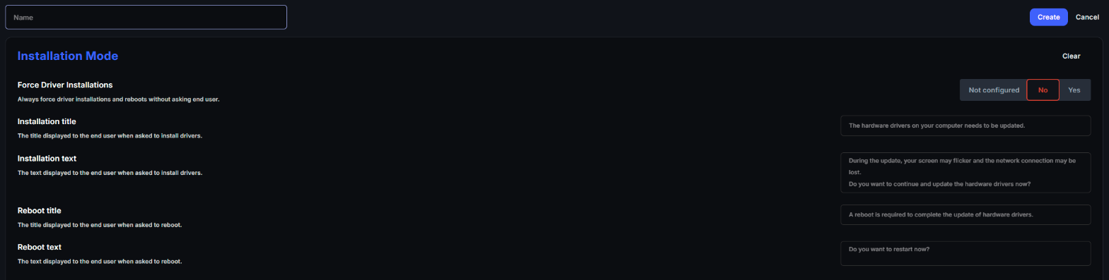 New DriverInstaller configuration with Force Driver Installations, Installation title and text, Reboot title and text