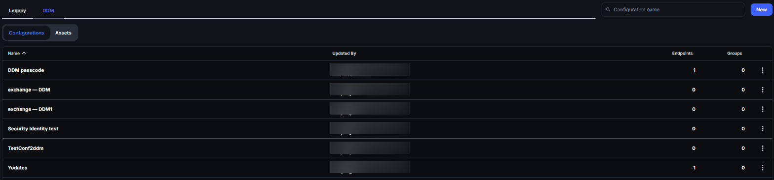 Apple Configurations page with the Legacy and DDM tabs, the DDM tab selected and a list of DDM configurations