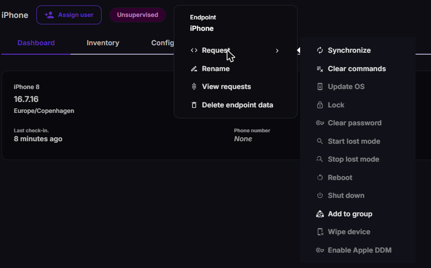 Apple endpoint action menu with the Request submenu open, listing Synchronize, Clear commands and other requests ending with Enable Apple DDM