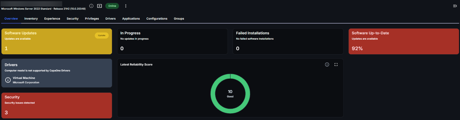 Windows endpoint Overview tab with Software Updates, In Progress, Failed Installations, Software Up-to-Date, Drivers, Latest Reliability Score and a red Security tile showing 3 security issues