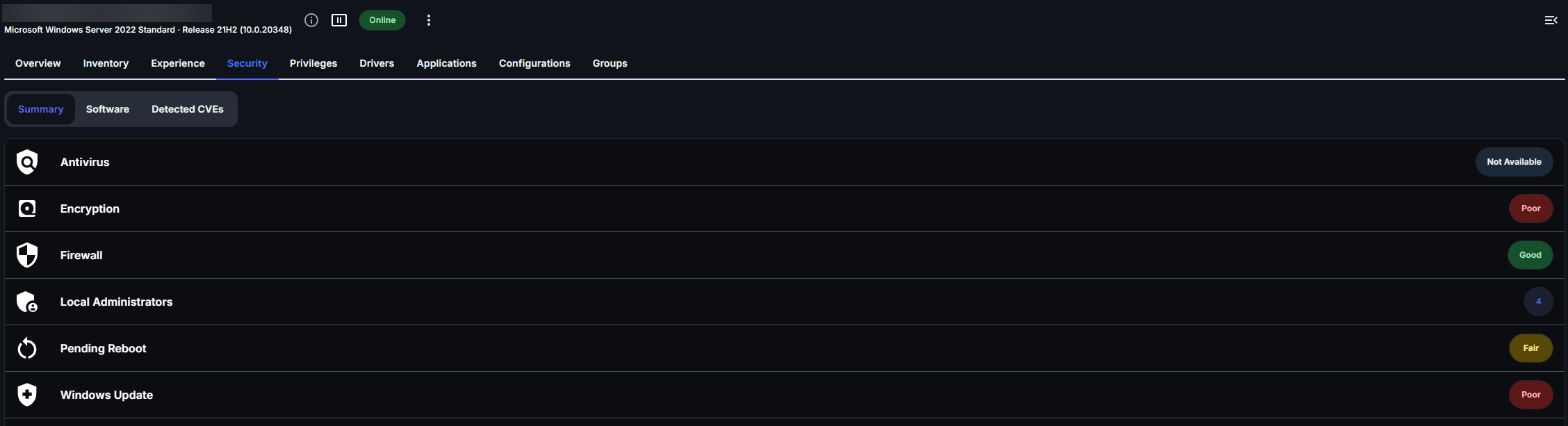 Endpoint Security tab, Summary view, listing Antivirus, Encryption, Firewall, Local Administrators, Pending Reboot and Windows Update with status badges