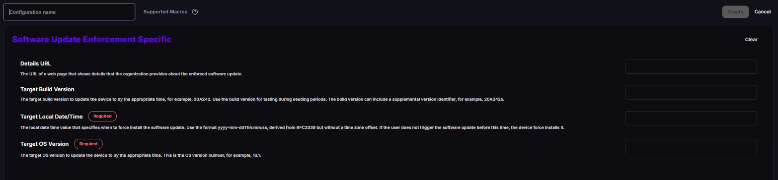 New DDM Software Update Enforcement Specific configuration with Details URL, Target Build Version, Target Local Date/Time and Target OS Version