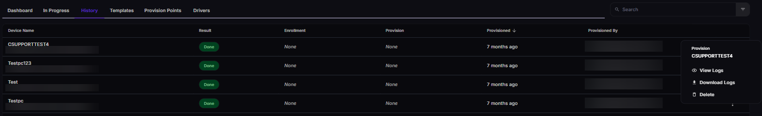 Provision History tab listing provisioned test devices with result Done and a device menu open showing View Logs, Download Logs and Delete
