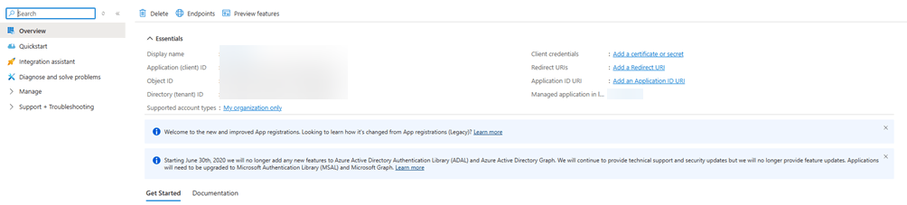 App registration overview with the Add a certificate or secret link