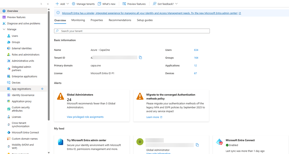 Microsoft Entra ID overview with App registrations in the sidebar