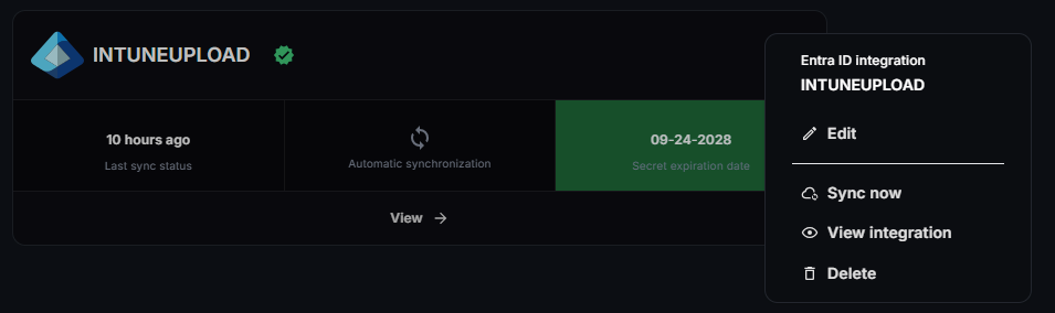 Integration action menu with Edit, Sync now, View integration, and Delete