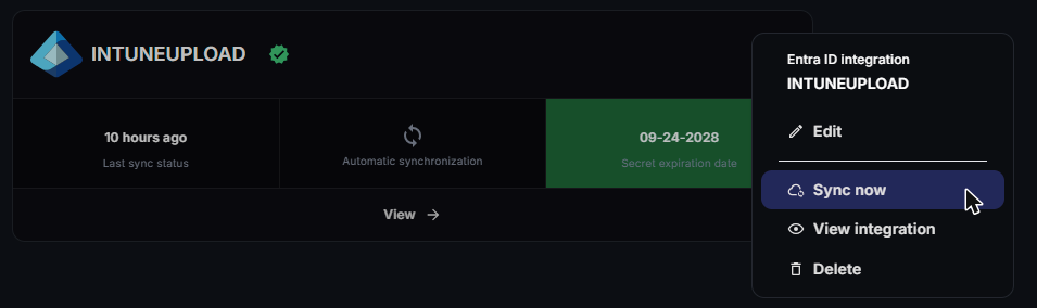 Integration action menu with Sync now highlighted