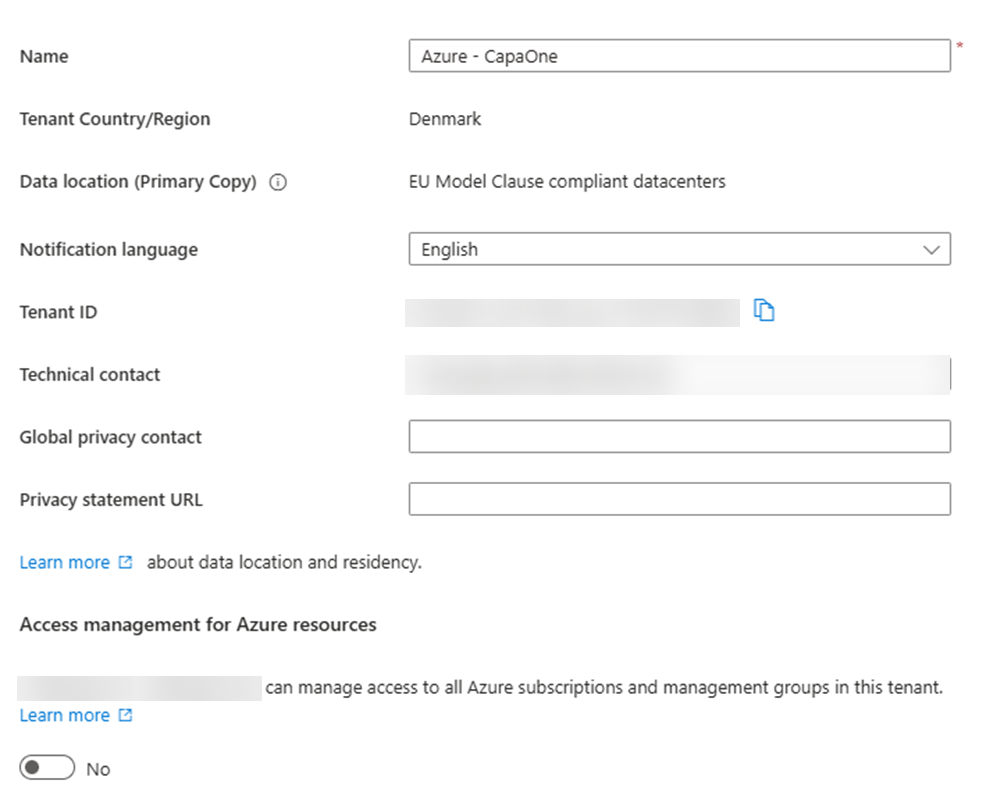 Entra ID Properties page showing the Tenant ID