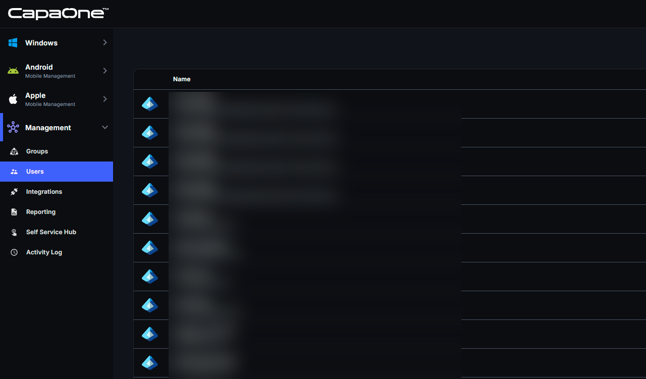 CapaOne Users list showing an Entra ID icon beside each synced user
