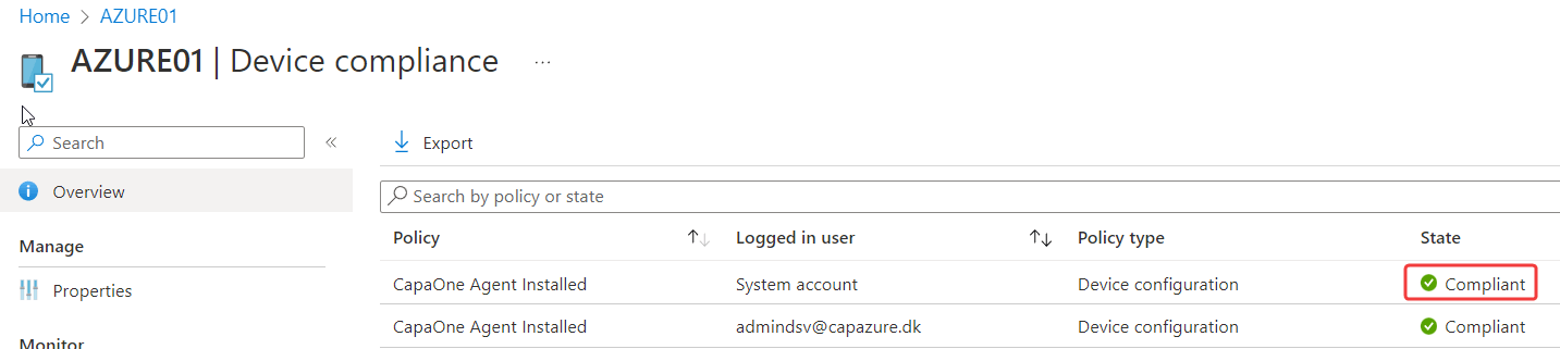 Intune device compliance state showing Compliant