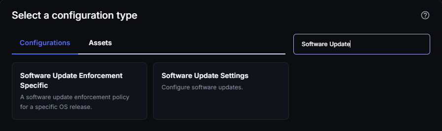 Select a configuration type dialog showing Software Update Enforcement Specific and Software Update Settings