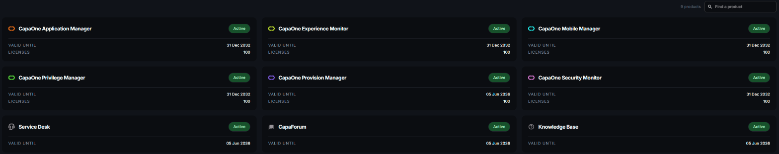 Profile page product cards with status, valid until date and number of licenses