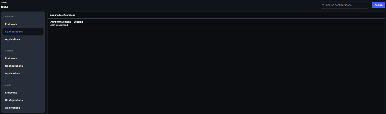 Group page with Windows Configurations selected, listing the configurations assigned to the group
