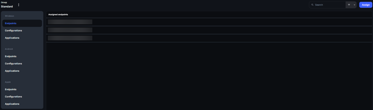 Group page with the Windows, Android and Apple side menu and the list of Windows endpoints assigned to the group