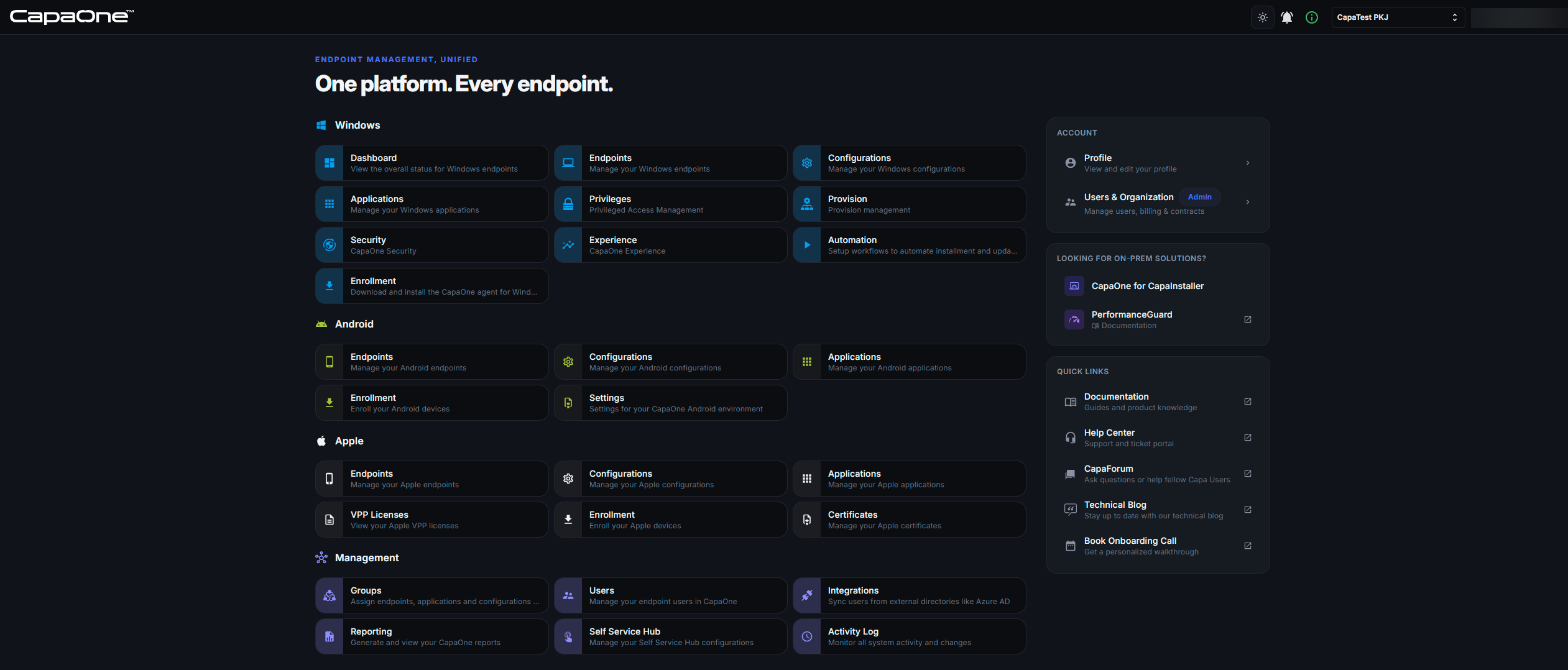 CapaOne home page with tiles for Windows, Android, Apple and Management and the panels on the right