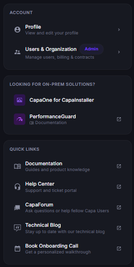 CapaOne home page panels: Account with Profile and Users & Organization, Looking for On-Prem Solutions with CapaOne for CapaInstaller and PerformanceGuard, and Quick Links