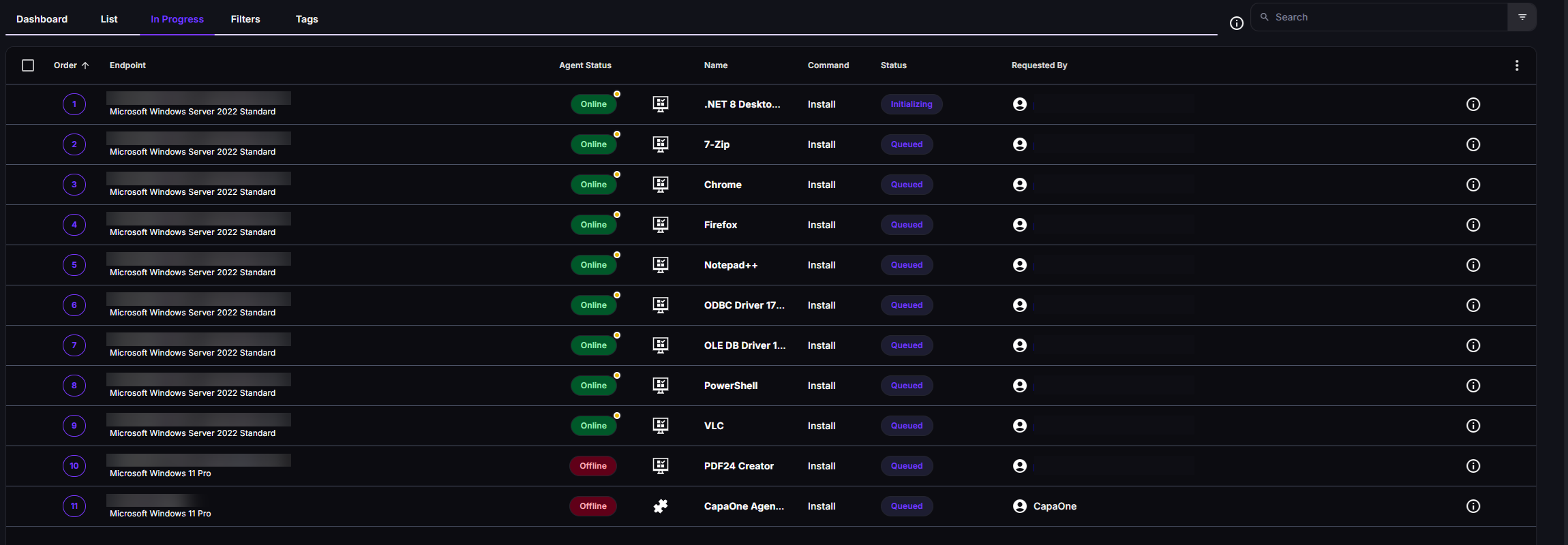 In Progress tab listing queued operations, each with its order number, endpoint, name, command and status